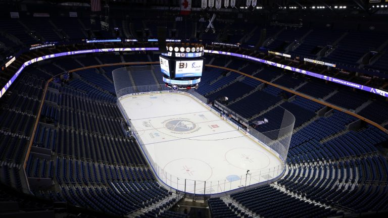 The rink at KeyBank Center is viewed before an NHL hockey game between the Boston Bruins and the Buffalo Sabres, Friday, Oct. 22, 2021, in Buffalo, N.Y. (Joshua Bessex/AP)