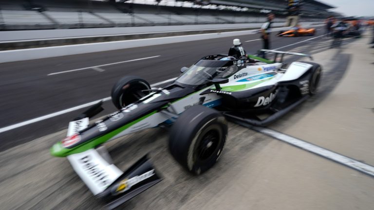Takuma Sato, of Japan, leaves the pits during practice for the Indianapolis 500 auto race at Indianapolis Motor Speedway, Friday, May 19, 2023, in Indianapolis. (Darron Cummings/AP)