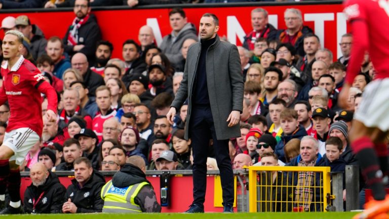 Southampton's manager Ruben Selles, centre, reacts during the English Premier League soccer match between Manchester United and Southampton at Old Trafford stadium in Manchester, England, Sunday, March 12, 2023. (Jon Super/AP Photo)