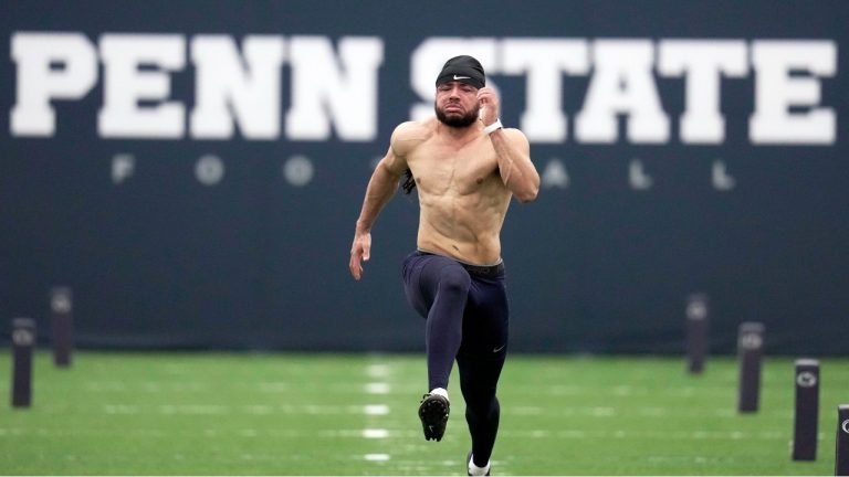 Penn State defensive back Jonathan Sutherland runs the 40-yard dash during the NCAA college football team's NFL Pro Day in State College, Pa., Friday, March 24, 2023. (Gene J. Puskar/AP Photo)