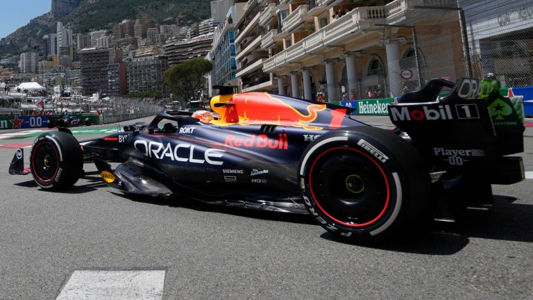 Red Bull driver Max Verstappen of the Netherlands pulls onto the track during the Formula One first practice session at the Monaco racetrack, in Monaco, Friday, May 26, 2023. The Formula One race will be held on Sunday. (Luca Bruno/AP)