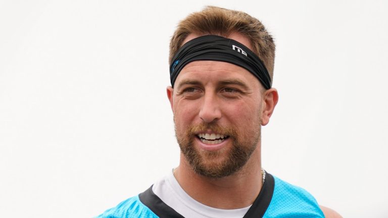 Carolina Panthers wide receiver Adam Thielen (19) leaves the field following NFL football practice, Wednesday, June 14, 2023, in Charlotte, N.C. (Erik Verduzco/AP)