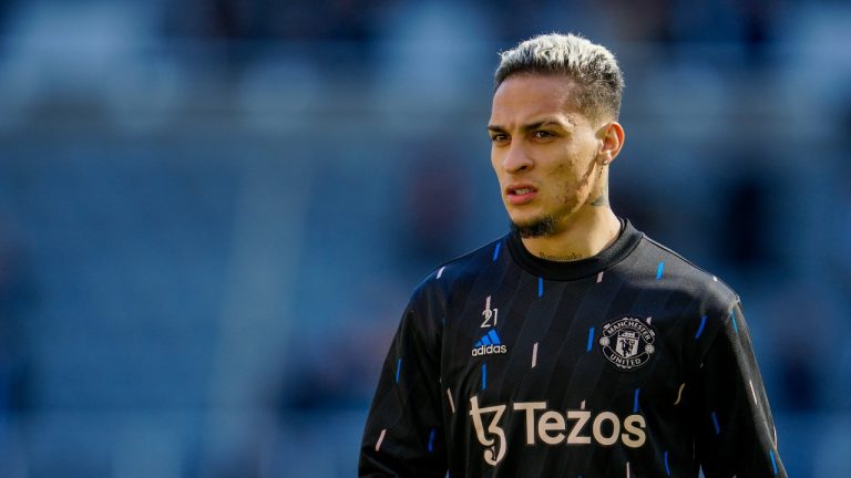 Manchester United's Antony looks on during warm up before the English Premier League soccer match between Newcastle United and Manchester United, at St. James' Park stadium in Newcastle, England, Sunday, April 2, 2023. (Jon Super/AP)