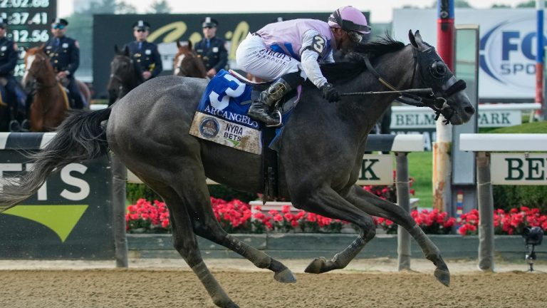 Arcangelo, with jockey Javier Castellano, crosses the finish line to win the Belmont Stakes horse race, Saturday, June 10, 2023, at Belmont Park in Elmont, N.Y. (Mary Altaffer/AP)