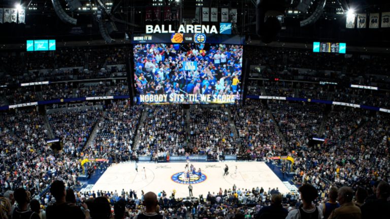 Ball Arena in the first half of Game 1 of an NBA second-round basketball series Saturday, April 29, 2023, in Denver. (David Zalubowski/AP)