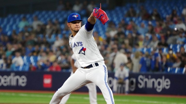 Toronto Blue Jays starting pitcher Jose Berrios (17) works against the Boston Red Sox during first inning American League MLB baseball action in Toronto, on Friday, June 30, 2023. (Chris Young/THE CANADIAN PRESS)