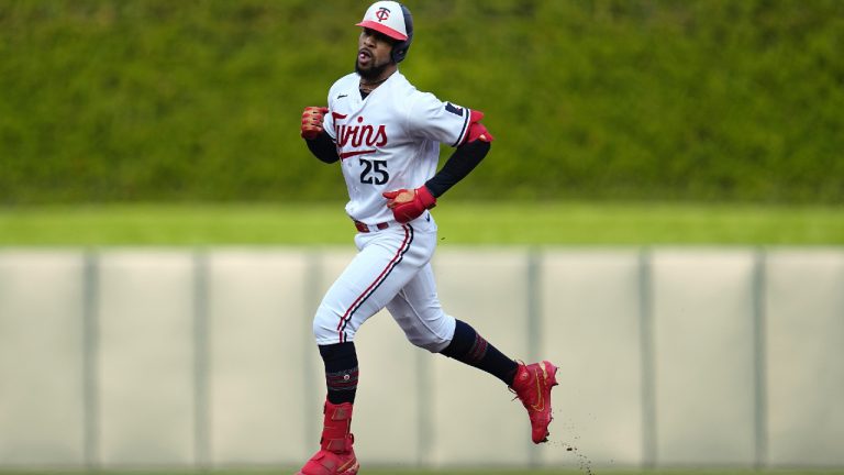 Minnesota Twins designated hitter Byron Buxton runs the bases after hitting a two-run home run against the San Francisco Giants during the first inning of a baseball game, Tuesday, May 23, 2023, in Minneapolis. (Abbie Parr/AP)