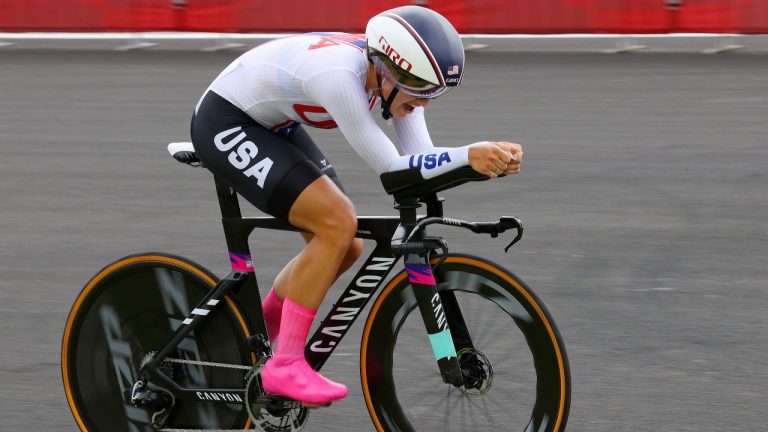 Chloe Dygert of the United States competes during the women's cycling individual time trial at the 2020 Summer Olympics, Wednesday, July 28, 2021, in Oyama, Japan. (Tim de Waele/AP)