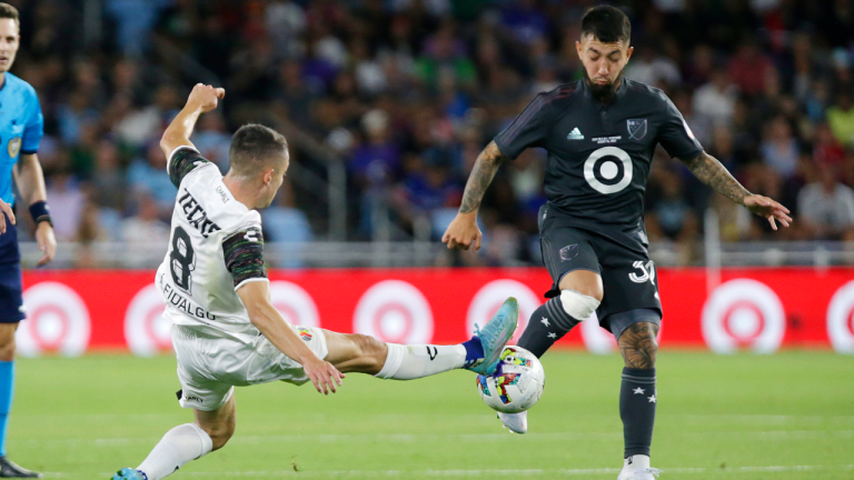 MLS All Star Game Soccer
MLS All-Star Luciano Acosta (32) and Liga MX All-Star Ãlvaro Fidalgo (8) vie for the ball during the second half of the MLS All-Star soccer match Wednesday, Aug. 10, 2022, in St. Paul, Minn. (AP)