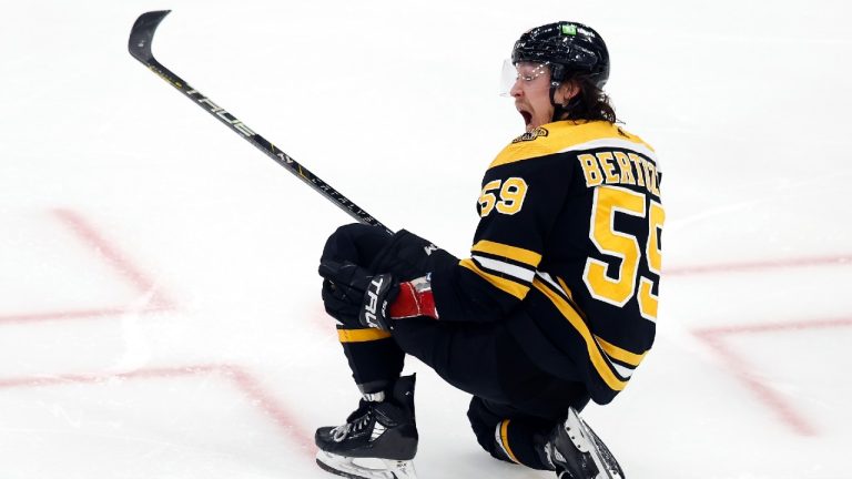 Boston Bruins' Tyler Bertuzzi celebrates after his goal during the third period of Game 7 of an NHL hockey Stanley Cup first-round playoff series against the Florida Panthers, Sunday, April 30, 2023, in Boston. (Michael Dwyer/AP)