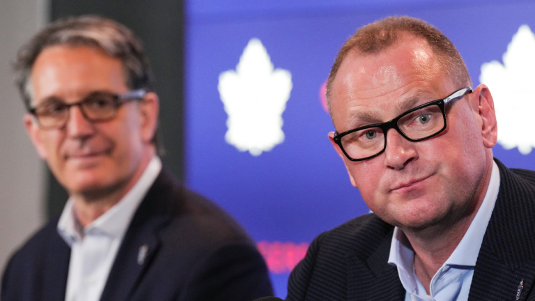 Toronto Maple Leafs' newly appointed general manager Brad Treliving (right) sits alongside Leafs' president Brendan Shanahan at a news conference in Toronto, on Thursday, June 1, 2023. (CP)
