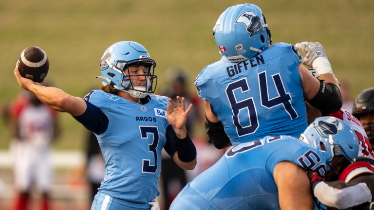 Toronto Argonauts quarterback Cameron Dukes (3) launches a pass during first half CFL pre-season action against the Ottawa Redblacks in Guelph, Ont. on Thursday, June 1, 2023. THE CANADIAN PRESS/Frank Gunn