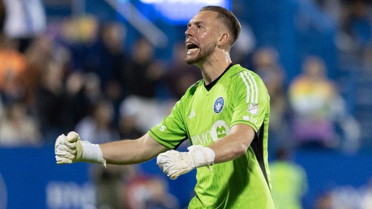 CF Montreal goalkeeper Jonathan Sirois (40) celebrates his sides fourth goal against Minnesota United during second half MLS soccer action in Montreal, Saturday, June 10, 2023. (CP)