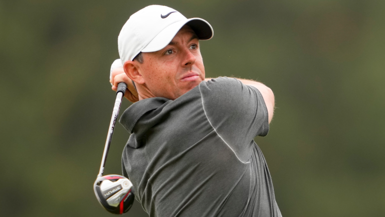 Rory McIlroy watches his tee shot on the eighth hole during the first round of the U.S. Open golf tournament at Los Angeles Country Club on Thursday, June 15, 2023, in Los Angeles. (AP Photo/Lindsey Wasson)