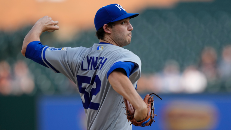 Kansas City Royals starting pitcher Daniel Lynch throws during the first inning of a baseball game against the Detroit Tigers, Tuesday, June 20, 2023, in Detroit. (AP Photo/Carlos Osorio)