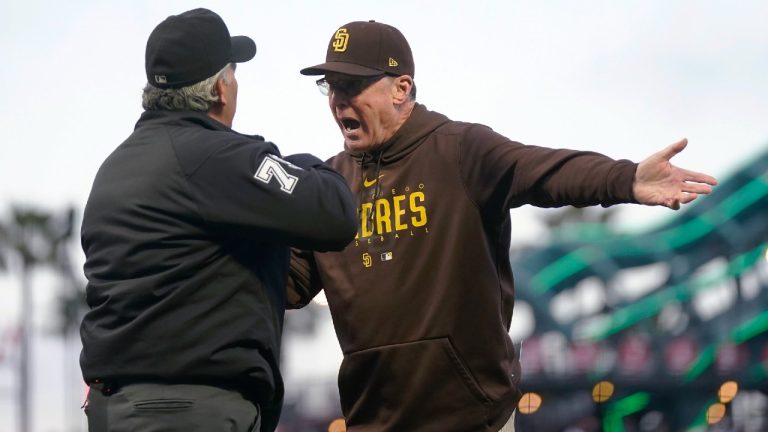 San Diego Padres manager Bob Melvin, right, gestures while talking to umpire Manny Gonzalez during the fifth inning of a baseball game between the San Francisco Giants and the Padres in San Francisco, Wednesday, June 21, 2023. (AP Photo/Jeff Chiu)
