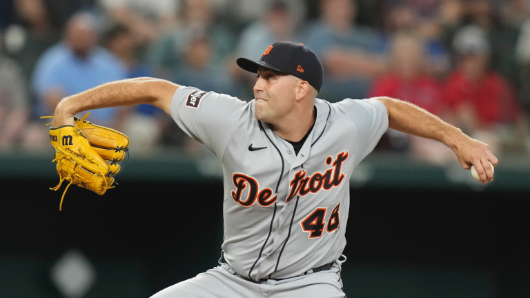 Detroit Tigers starting pitcher Matthew Boyd throws during the first inning of a baseball game against the Texas Rangers in Arlington, Texas, Monday, June 26, 2023. (AP Photo/LM Otero)