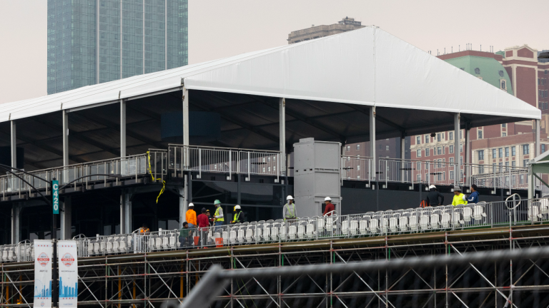 Construction continues on the Paddock Club on South Columbus Drive on Monday, June 26, 2023, for the upcoming NASCAR Chicago Street Race in Chicago. (AP)