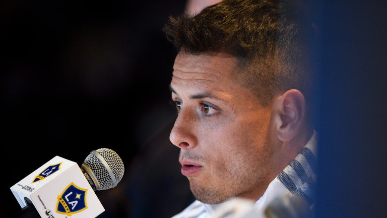 Los Angeles Galaxy's Javier "Chicharito" Hernández answers questions from the media during a press conference in Carson, Calif., Thursday, Jan. 23, 2020. (AP Photo/Kelvin Kuo)