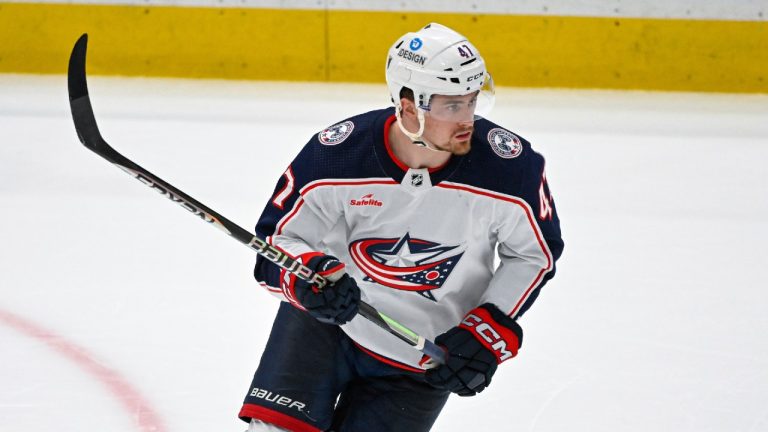 Columbus Blue Jackets defenseman Marcus Bjork (47)looks on during the third period of an NHL hockey game against the Washington Capitals, Sunday, Jan. 8, 2023, in Washington. (Terrance Williams/AP)