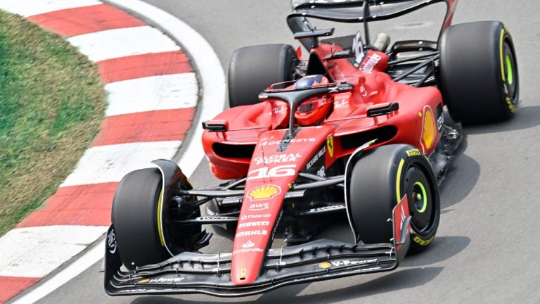 Ferrari driver Charles Leclerc of Monaco steers his car at the hairpin during the first practice session, at the Formula One Grand Prix, in Montreal, Friday, June 16, 2023. (CP)