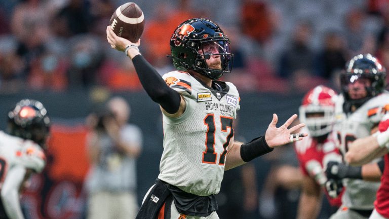 B.C. Lions quarterback Dane Evans throws a pass against the Calgary Stampeders during the first half of CFL pre-season football action in Vancouver, B.C., Thursday, June 1, 2023. (Rich Lam/CP)