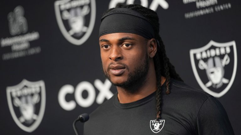 Las Vegas Raiders wide receiver Davante Adams speaks during a news conference at the NFL football team's training facility Thursday, May 25, 2023, in Henderson, Nev. (John Locher/AP)