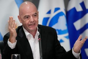 FIFA president Gianni Infantino speaks during a joint press conference with CONMEBOL President Alejandro Dominguez at CONMEBOL headquarters in Luque, Paraguay, Thursday, March 30, 2023. (AP)