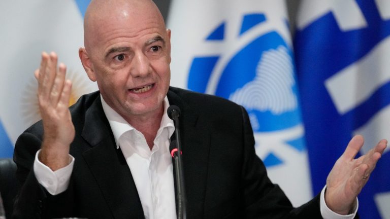 FIFA President Gianni Infantino speaks during a joint press conference with CONMEBOL President Alejandro Dominguez at CONMEBOL headquarters in Luque, Paraguay, Thursday, March 30, 2023. (AP)