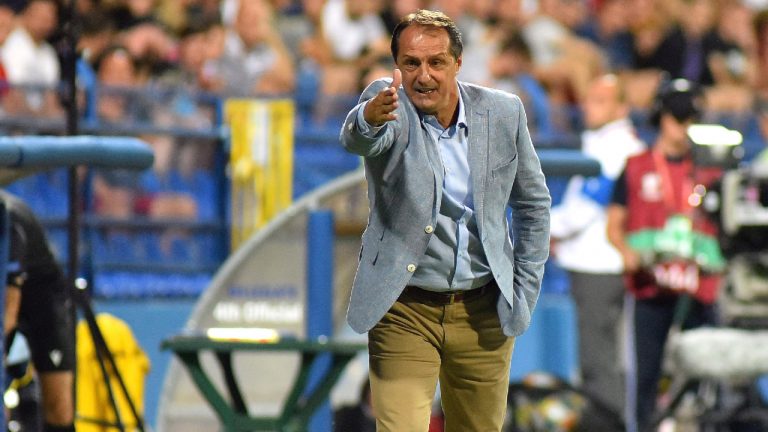 Faruk Hadzibegic gives instructions to his players during the Euro 2020 group A qualifying soccer match between Montenegro and Czech Republic, at the City stadium in Podgorica, Montenegro, Tuesday, Sept. 10, 2019. (Risto Bozovic/AP)