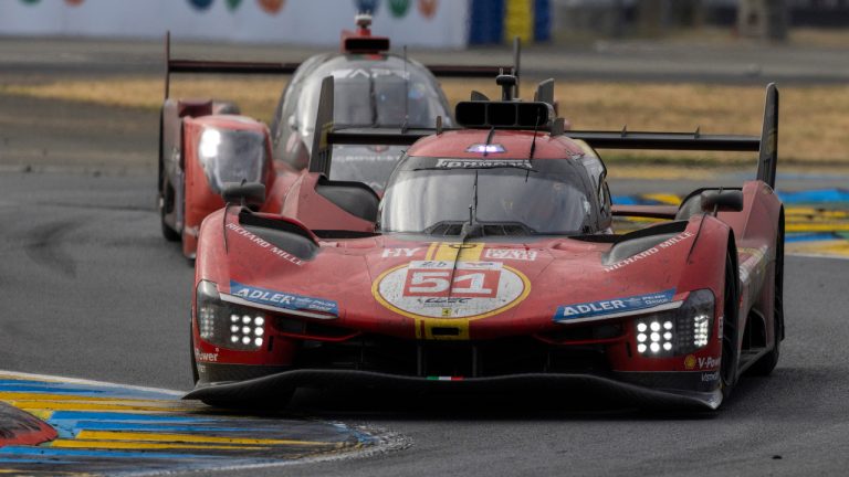 Ferrari AF Corse car driven by Antonio Giovinazzi and Alessandro Pier Guidi from Italy and James Calado from Britain races during the 24-hour Le Mans endurance race in Le Mans, western France, Sunday, June 11, 2023. (Jeremias Gonzales/AP)