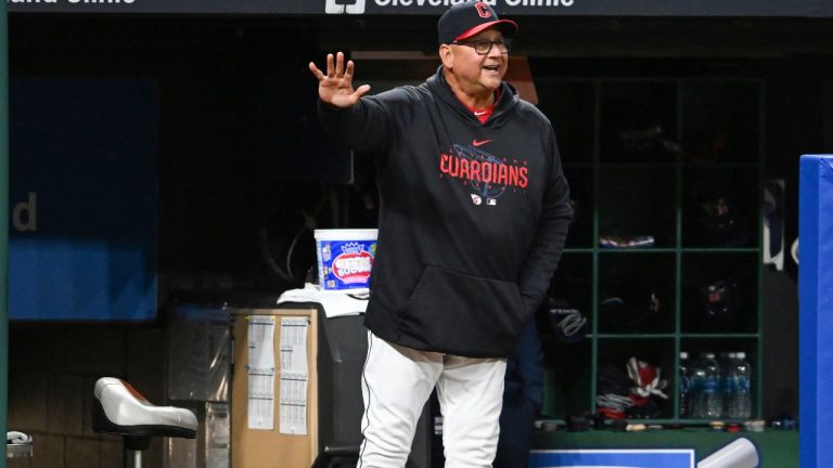 Cleveland Guardians manager Terry Francona reacts to play at home plate between Gabriel Arias and Miami Marlins relief pitcher A.J. Puk Saturday, April 22, 2023, in Cleveland. (Nick Cammett/AP Photo)