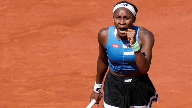 Coco Gauff of the U.S. celebrates winning her third round match of the French Open tennis tournament against Russia's Mirra Andreeva at the Roland Garros stadium in Paris, Saturday, June 3, 2023. (Christophe Ena/AP)