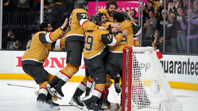 Members of the Vegas Golden Knights celebrate after they defeated the Florida Panthers 9-3 to win the Stanley Cup in Game 5 of the NHL hockey Stanley Cup Finals Tuesday, June 13, 2023, in Las Vegas. (John Locher/AP)