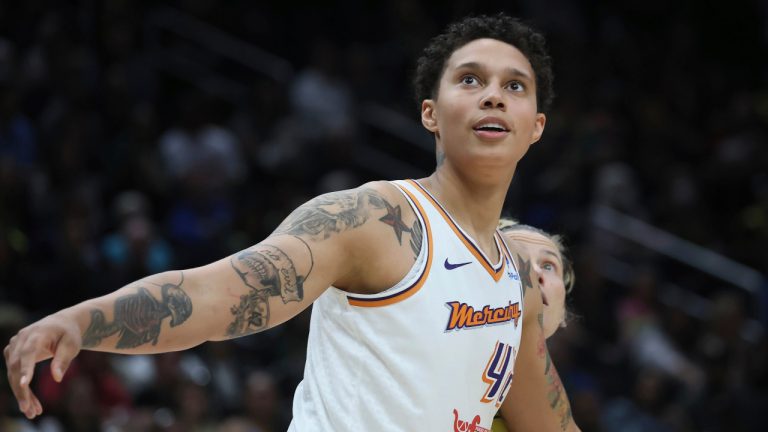 Phoenix Mercury centre Brittney Griner looks for a rebound against the Seattle Storm during a WNBA basketball game Saturday, June 24, 2023, in Seattle. (Kevin Clark/The Seattle Times via AP)