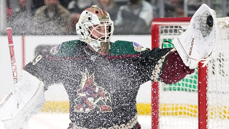 Arizona Coyotes goaltender Connor Ingram makes a glove save during the second period of an NHL hockey game against the Los Angeles Kings Saturday, Feb. 18, 2023, in Los Angeles. (Mark J. Terrill/AP)