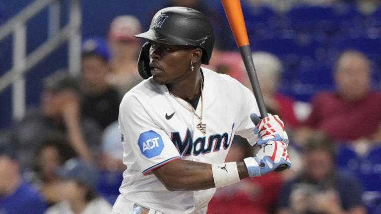 Miami Marlins' Jazz Chisholm Jr. (2) waits for a pitch during a baseball game against the Atlanta Braves, Tuesday, May 2, 2023, in Miami. (Marta Lavandier/AP)