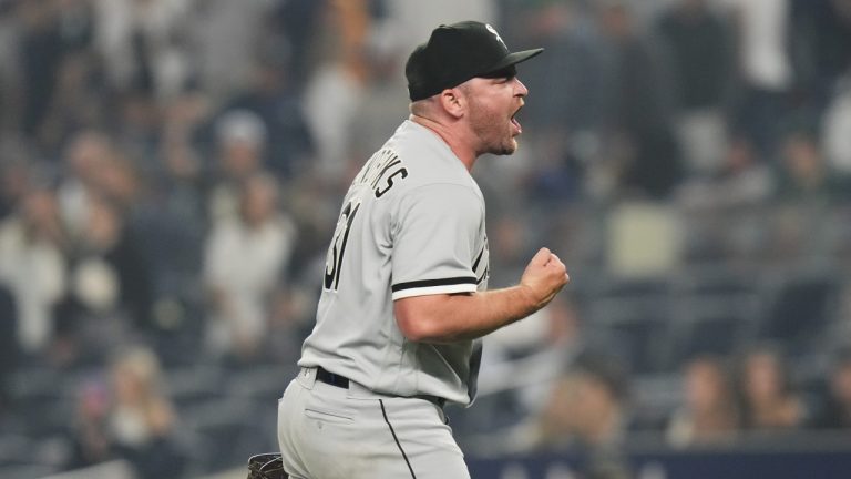 Chicago White Sox relief pitcher Liam Hendriks (31) celebrates after a baseball game against the New York Yankees Tuesday, June 6, 2023, in New York. The White Sox won 3-2. (Frank Franklin II/AP)