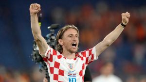Croatia's Luka Modric celebrates at the end of the Nations League semifinal soccer match between the Netherlands and Croatia at De Kuip stadium in Rotterdam, Netherlands. (Peter Dejong/AP)