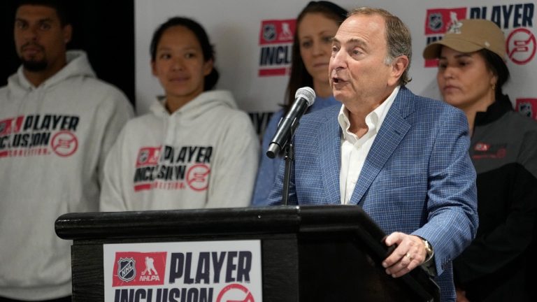 NHL commissioner Gary Bettman delivers remarks during a news conference to announce the formation of the Player Inclusion Coalition, Tuesday, June 27, 2023, in Nashville, Tenn. (George Walker IV/AP)