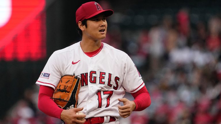 Los Angeles Angels' Shohei Ohtani stands on the mound during the first inning of a baseball game against the Seattle Mariners Friday, June 9, 2023, in Anaheim, Calif. (Mark J. Terrill/AP)