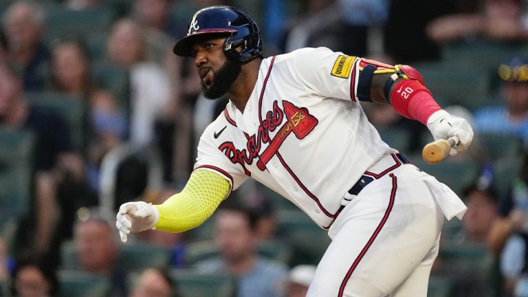 Atlanta Braves designated hitter Marcell Ozuna (20) hits a single in the fourth inning of a baseball game against the New York Mets, Wednesday, June 7, 2023, in Atlanta. (John Bazemore/AP)