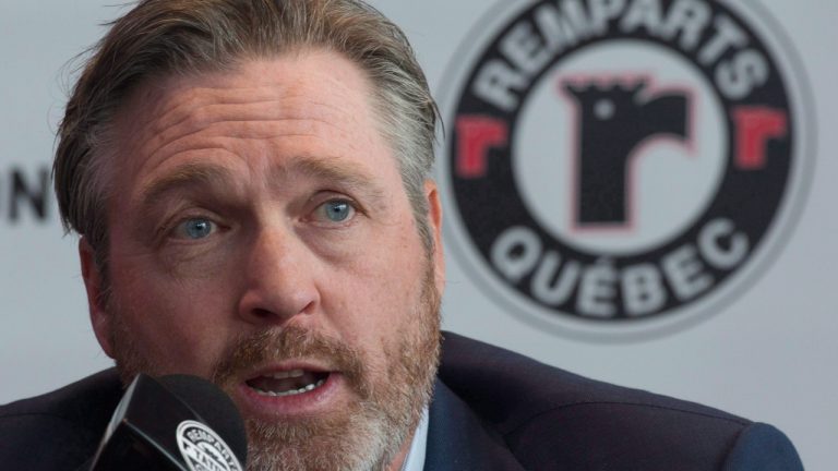 Hall of Fame goaltender Patrick Roy announces his comeback with the Quebec Remparts of the QJMHL, Thursday, April 26, 2018 at the Videotron centre in Quebec City. Roy will be general manager and coach for the Remparts. (Jacques Boissinot/CP)