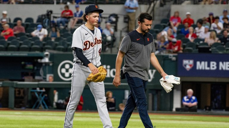 Detroit Tigers pitcher Reese Olson (45) walks off of the field after getting hit by a pitch in a baseball game against the Texas Rangers in Arlington, Texas, Thursday, June 29, 2023. (Emil T. Lippe/AP)