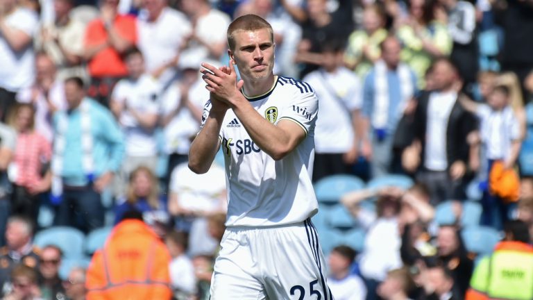Leeds United's Rasmus Kristensen applauds at the end of the English Premier League soccer match between Leeds United and Newcastle United at Elland Road in Leeds, England, Saturday, May 13, 2023. The match ended tied 2-2. (Rui Vieira/AP)