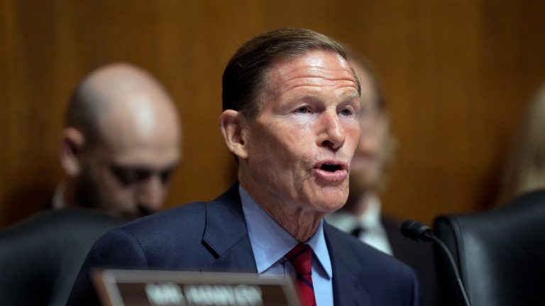 Sen. Richard Blumenthal, D-Conn., chair of the Senate Judiciary Subcommittee on Privacy, Technology and the Law, speaks during a hearing on artificial intelligence, Tuesday, May 16, 2023, on Capitol Hill in Washington. (Patrick Semansky/AP)