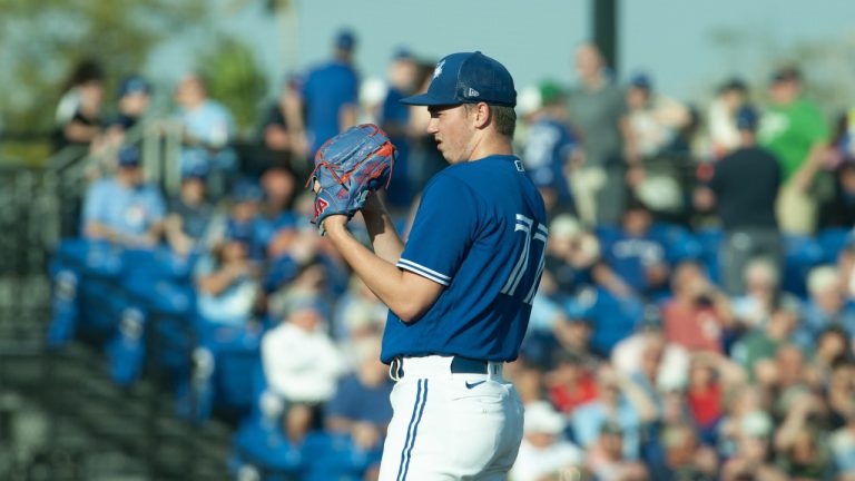 Toronto Blue Jays Sem Robberse winds up during a spring training game against the Detroit Tigers at TD Ballpark in Dunedin, Fla., Saturday, March 25, 2023. (Mark Taylor/CP)