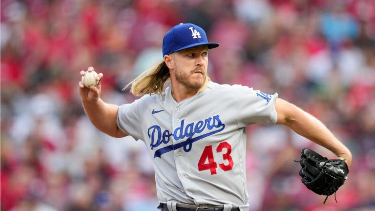 Los Angeles Dodgers starting pitcher Noah Syndergaard throws during a baseball game against the Cincinnati Reds in Cincinnati, Wednesday, June 7, 2023. (Jeff Dean/AP Photo)