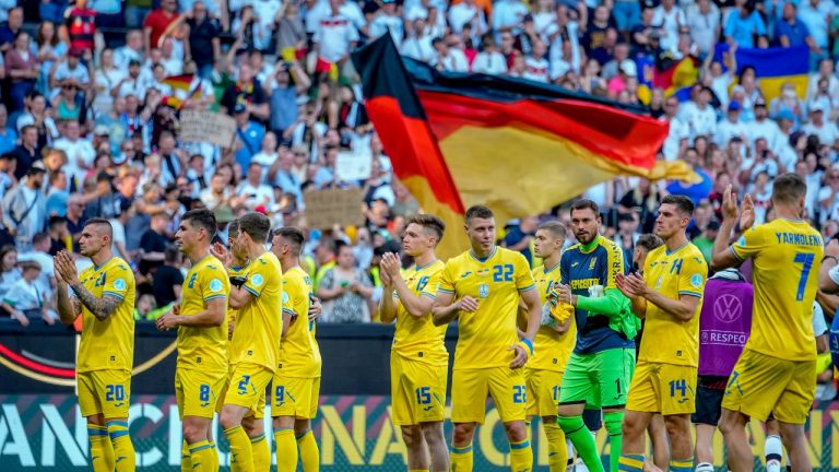 Ukrainian players react after a friendly soccer match between Germany and Ukraine in Bremen, Germany, Monday, June 12, 2023. It is the 1000st match for the German national soccer team. (Martin Meissner/AP)