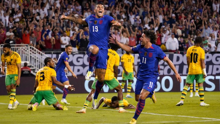 U.S. forward Brandon Vazquez (19) celebrates his game-tying goal against the Jamaica with forward Cade Cowell (11) during the second half of a Concacaf Gold Cup soccer match Saturday, June 24, 2023, in Chicago. (David Banks/AP)